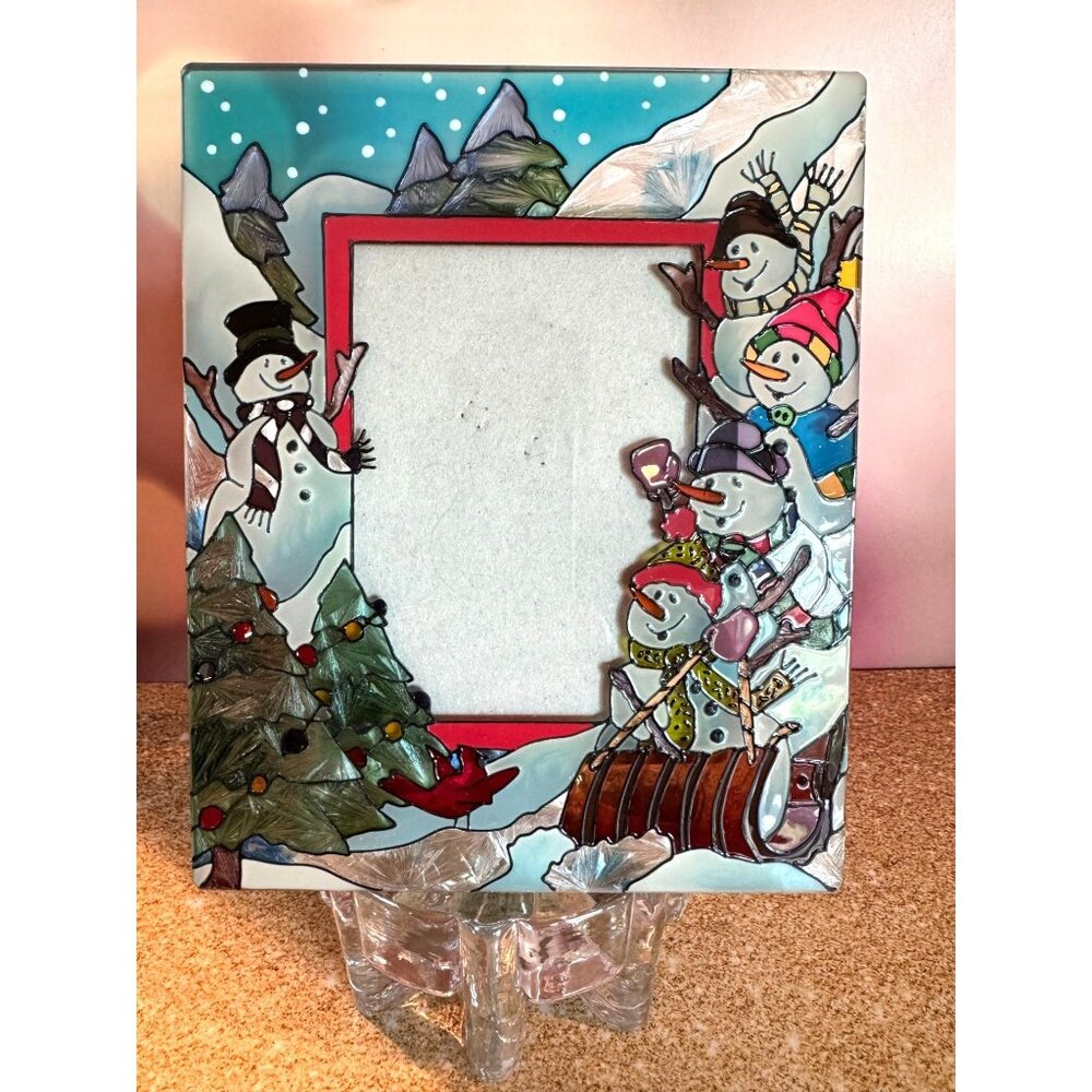 Stained Glass Style Snowman Picture Frame – approx 6.5” x 8” – Holiday Winter Dé